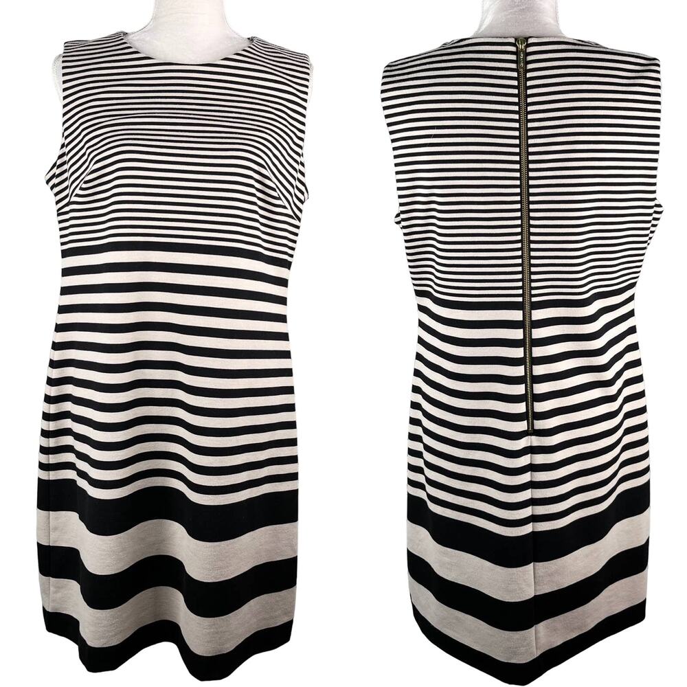 Calvin Klein Dress 14 Black Taupe A-Line Shift Stretch Sleeveless Back Zipper